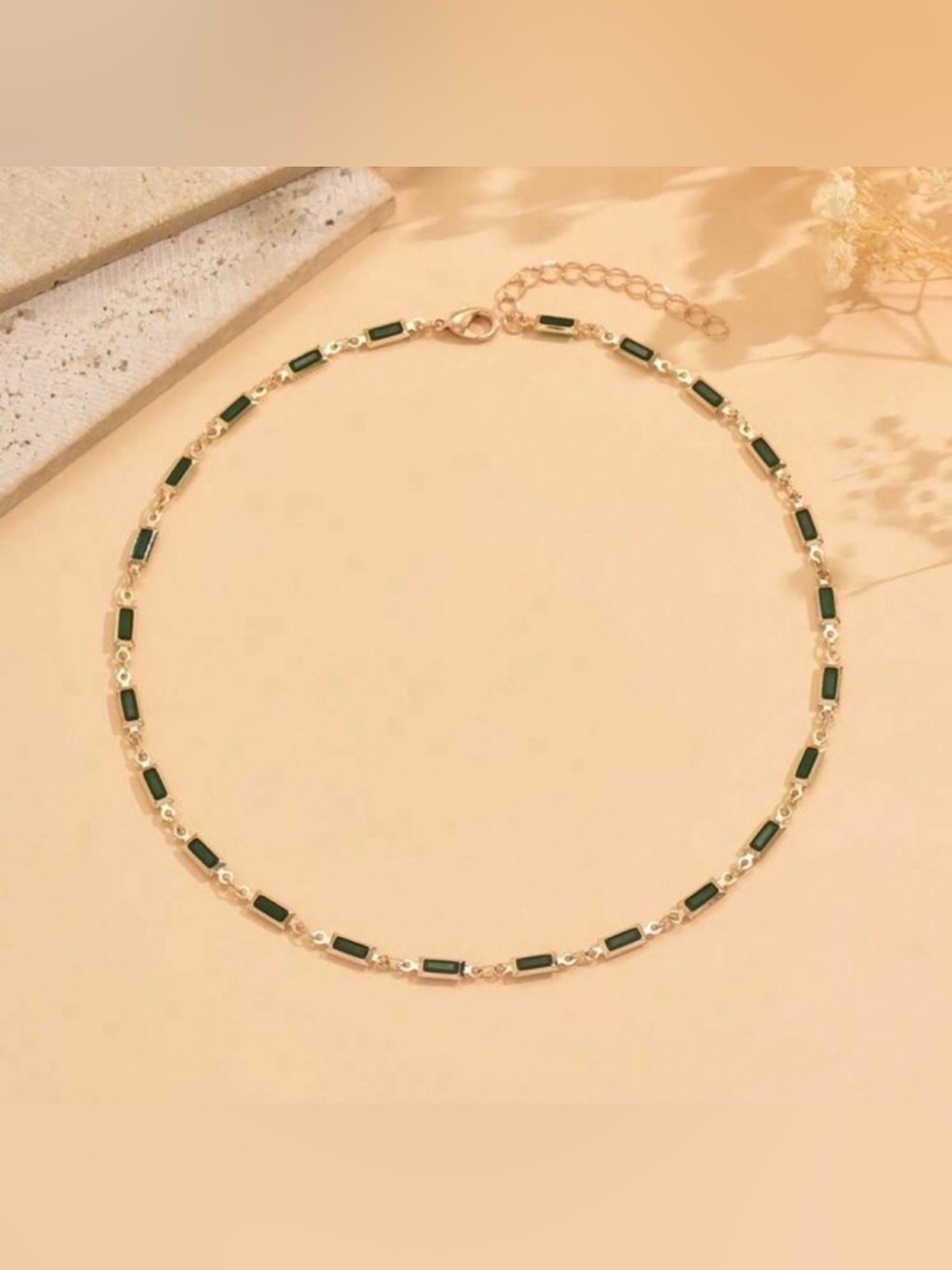 Gold & Emerald Green Rectangle Rhinestone Choker Necklace - Picture 2 of 2